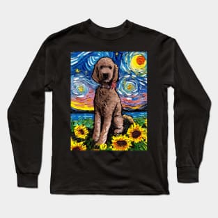 Brown Goldendoodle Night with Sunflowers Long Sleeve T-Shirt